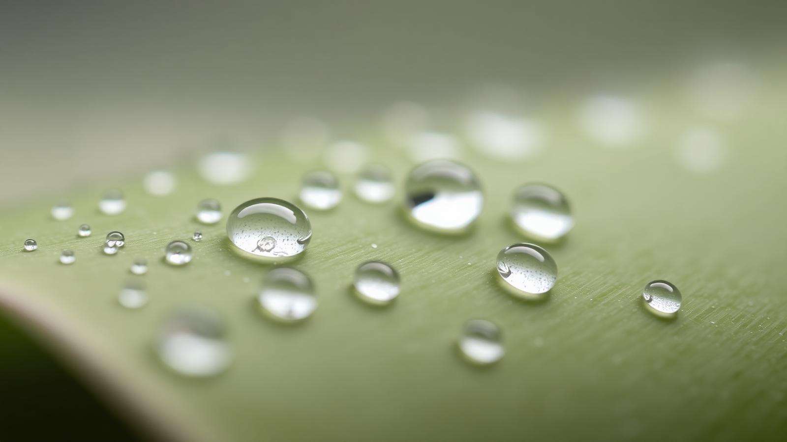 Macro photograph of clear water droplets on a green leaf
